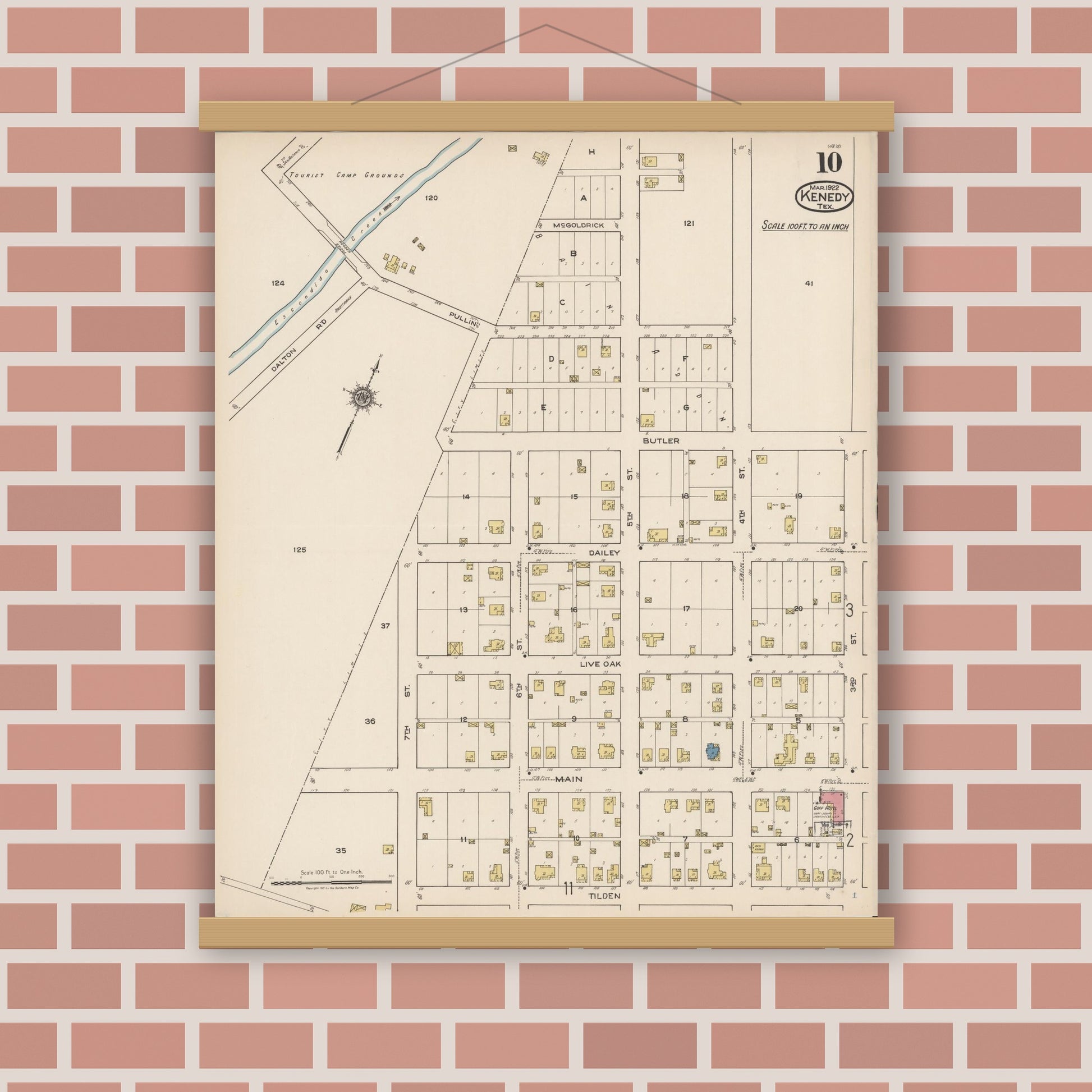 Old map wall art mockup — magnetic wood frame on brick wall — Sanborn Fire Insurance Map from Kenedy, Karnes County, Texas (1922), Sheet #0010