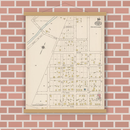 Old map wall art mockup — magnetic wood frame on brick wall — Sanborn Fire Insurance Map from Kenedy, Karnes County, Texas (1922), Sheet #0010