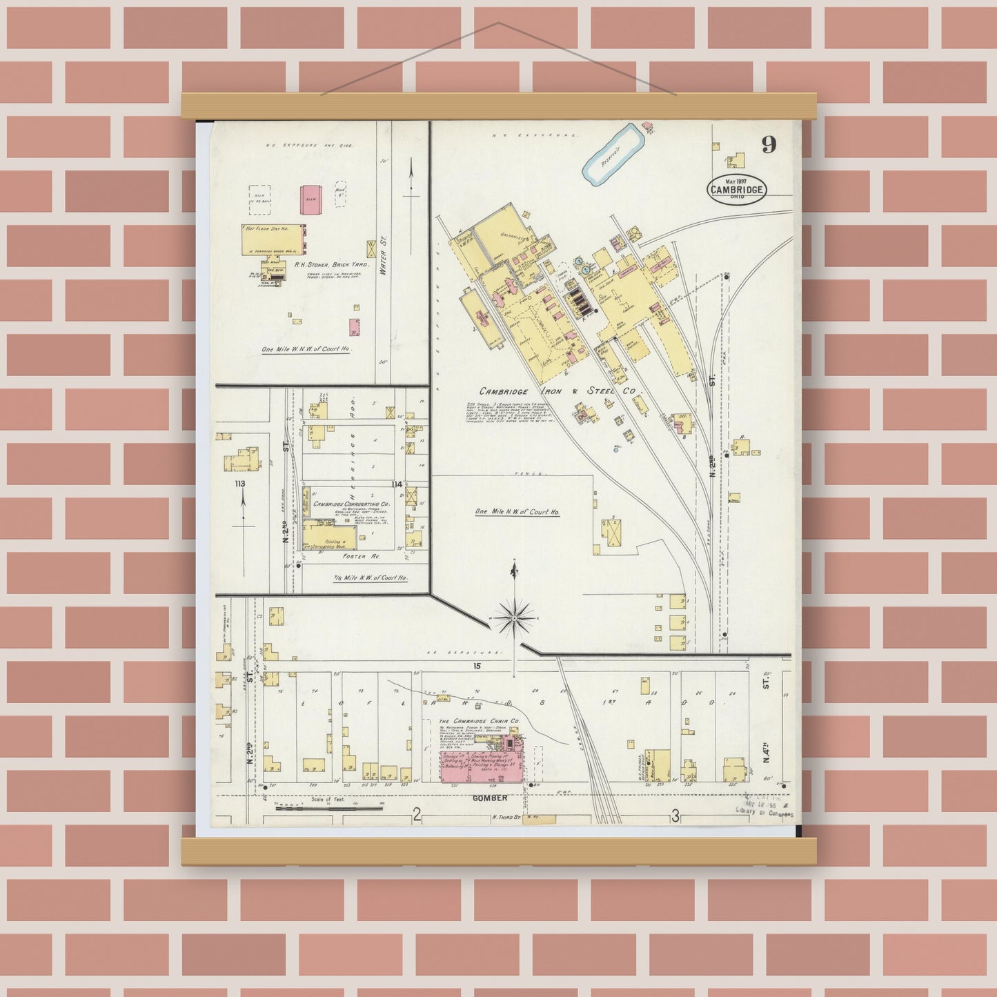 Old map wall art mockup — magnetic wood frame on brick wall — Sanborn Fire Insurance Map from Cambridge, Guernsey County, Ohio (1897), Sheet #0009