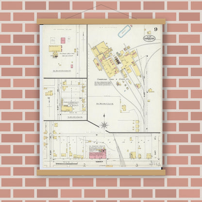 Old map wall art mockup — magnetic wood frame on brick wall — Sanborn Fire Insurance Map from Cambridge, Guernsey County, Ohio (1897), Sheet #0009