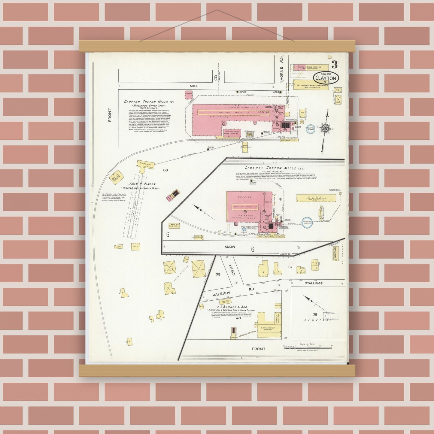 Old map wall art mockup — magnetic wood frame on brick wall — Sanborn Fire Insurance Map from Clayton, Johnston County, North Carolina (1918), Sheet #0003