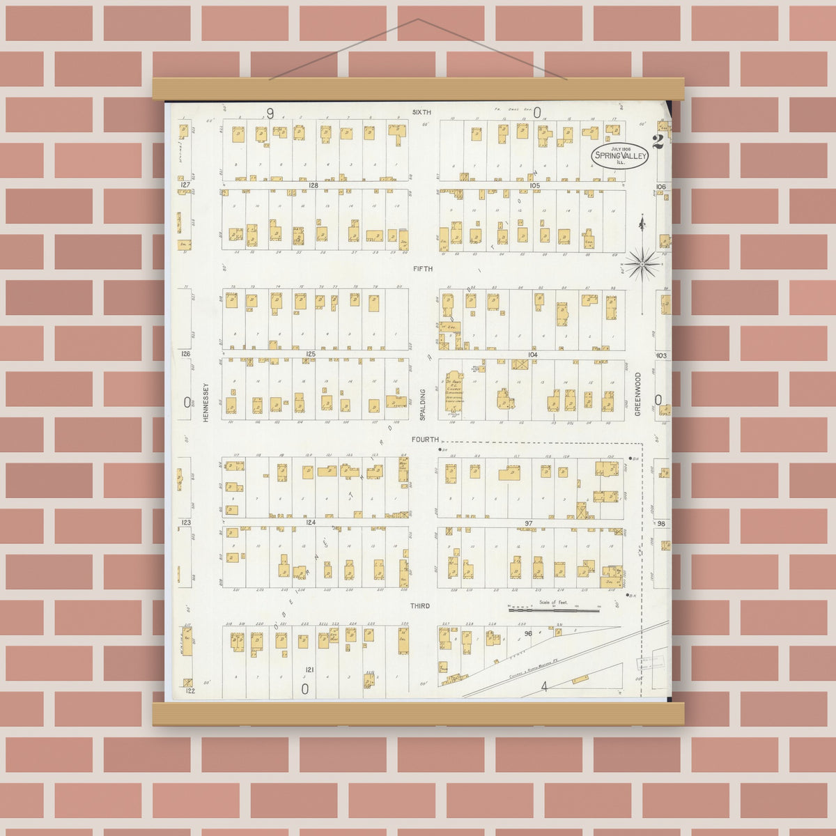 Old map wall art mockup — magnetic wood frame on brick wall — Sanborn Fire Insurance Map from Spring Valley, Bureau County, Illinois (1906), Sheet #0002