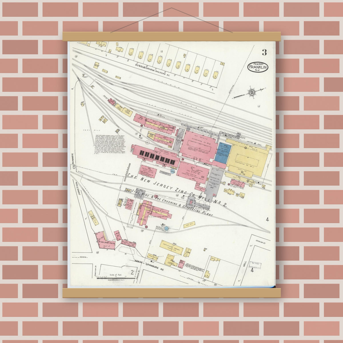 Old map wall art mockup — magnetic wood frame on brick wall — Sanborn Fire Insurance Map from Franklin, Sussex County, New Jersey (1920), Sheet #0003