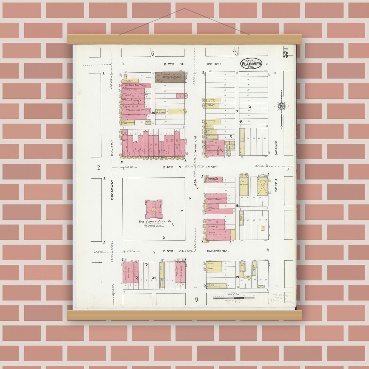 Old map wall art mockup — magnetic wood frame on brick wall — Sanborn Fire Insurance Map from Plainview, Hale County, Texas (1921), Sheet #0003