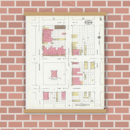 Old map wall art mockup — magnetic wood frame on brick wall — Sanborn Fire Insurance Map from Plainview, Hale County, Texas (1921), Sheet #0003