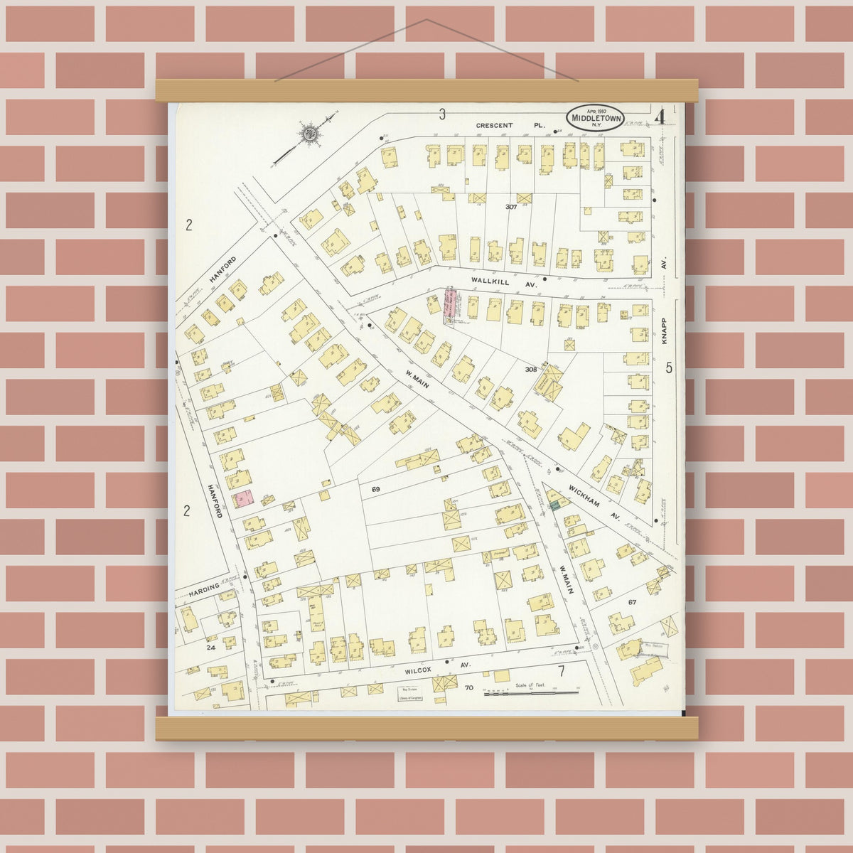 Old map wall art mockup — magnetic wood frame on brick wall — Sanborn Fire Insurance Map from Middletown, Orange County, New York (1910), Sheet #0004