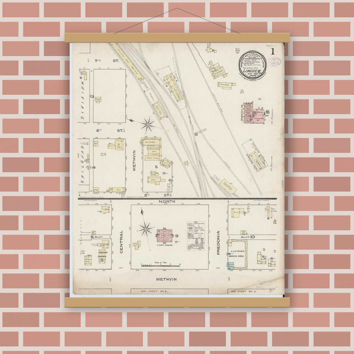 Old map wall art mockup — magnetic wood frame on brick wall — Sanborn Fire Insurance Map from Longview, Gregg County, Texas (1885), Sheet #0001