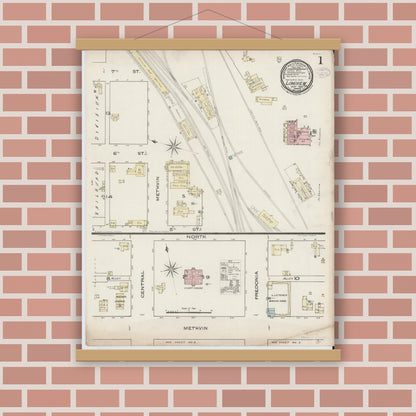 Old map wall art mockup — magnetic wood frame on brick wall — Sanborn Fire Insurance Map from Longview, Gregg County, Texas (1885), Sheet #0001