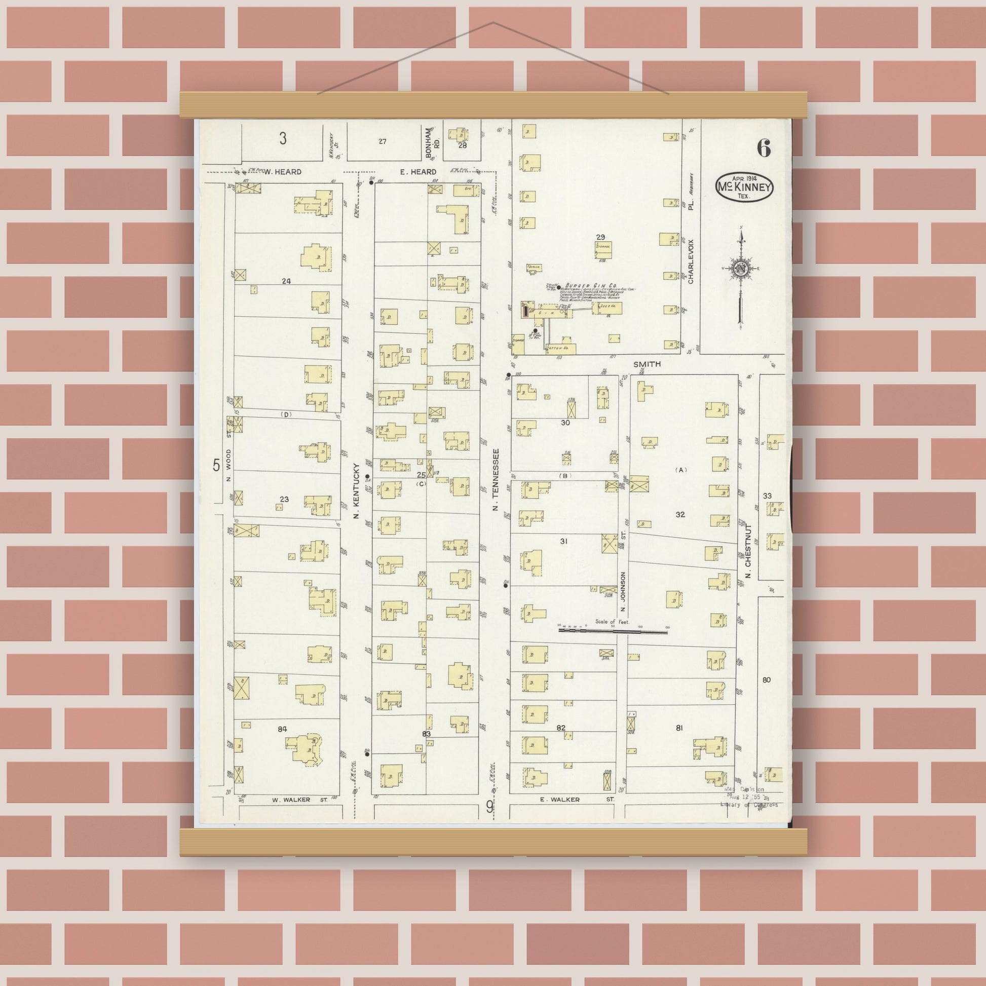 Old map wall art mockup — magnetic wood frame on brick wall — Sanborn Fire Insurance Map from McKinney, Collin County, Texas (1914), Sheet #0006