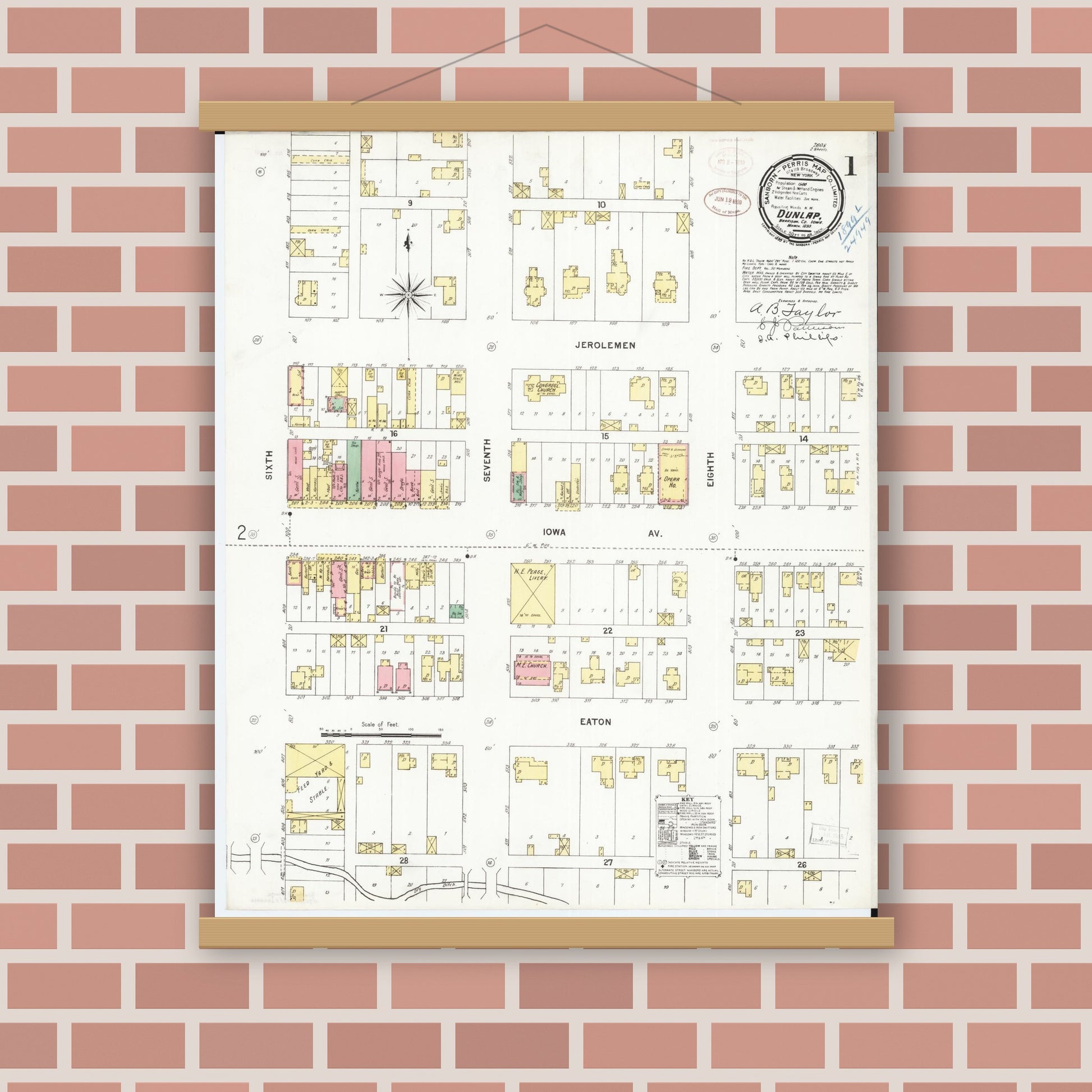 Old map wall art mockup — magnetic wood frame on brick wall — Sanborn Fire Insurance Map from Dunlap, Harrison County, Iowa (1899), Sheet #0001