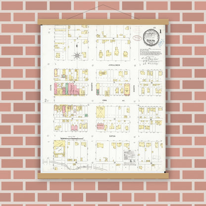 Old map wall art mockup — magnetic wood frame on brick wall — Sanborn Fire Insurance Map from Dunlap, Harrison County, Iowa (1899), Sheet #0001