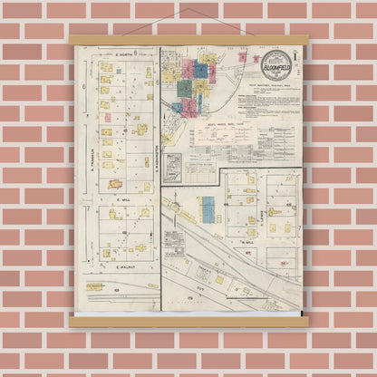 Old map wall art mockup — magnetic wood frame on brick wall — Sanborn Fire Insurance Map from Bloomfield, Greene County, Indiana (1940) - Complete Map Set