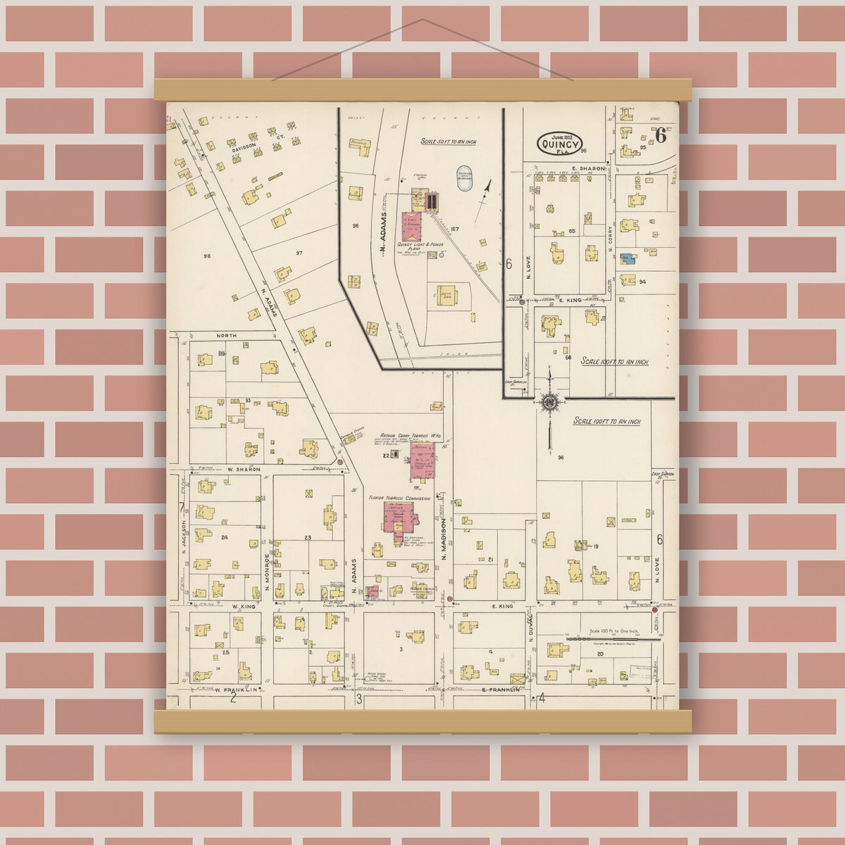 Old map wall art mockup — magnetic wood frame on brick wall — Sanborn Fire Insurance Map from Quincy, Gadsden County, Florida (1922), Sheet #0006