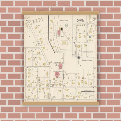 Old map wall art mockup — magnetic wood frame on brick wall — Sanborn Fire Insurance Map from Quincy, Gadsden County, Florida (1922), Sheet #0006