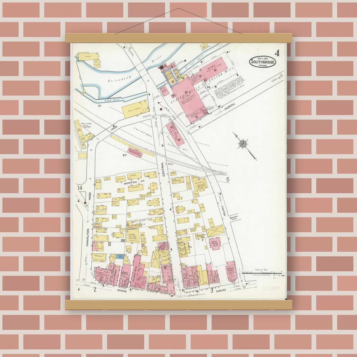 Old map wall art mockup — magnetic wood frame on brick wall — Sanborn Fire Insurance Map from Southbridge, Worcester County, Massachusetts (1918), Sheet #0004