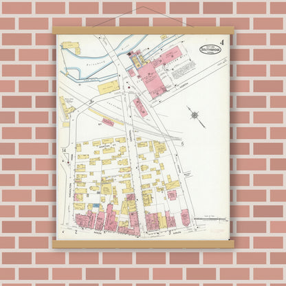 Old map wall art mockup — magnetic wood frame on brick wall — Sanborn Fire Insurance Map from Southbridge, Worcester County, Massachusetts (1918), Sheet #0004
