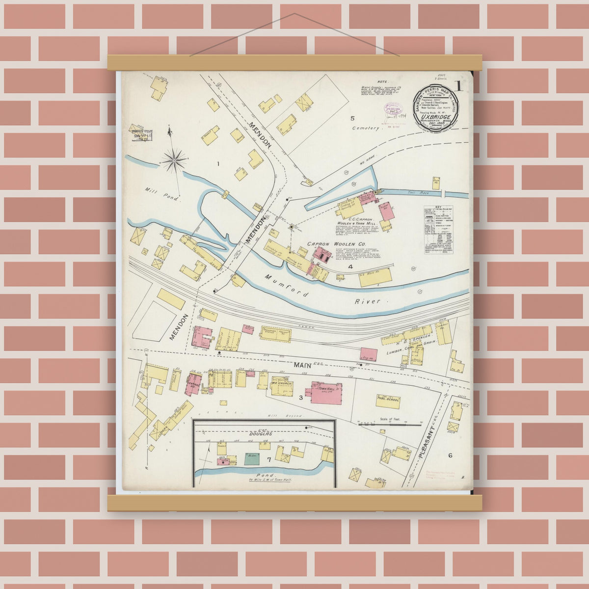 Old map wall art mockup — magnetic wood frame on brick wall — Sanborn Fire Insurance Map from Uxbridge, Worcester County, Massachusetts (1893) - Complete Map Set