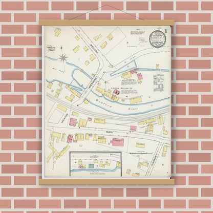 Old map wall art mockup — magnetic wood frame on brick wall — Sanborn Fire Insurance Map from Uxbridge, Worcester County, Massachusetts (1893) - Complete Map Set