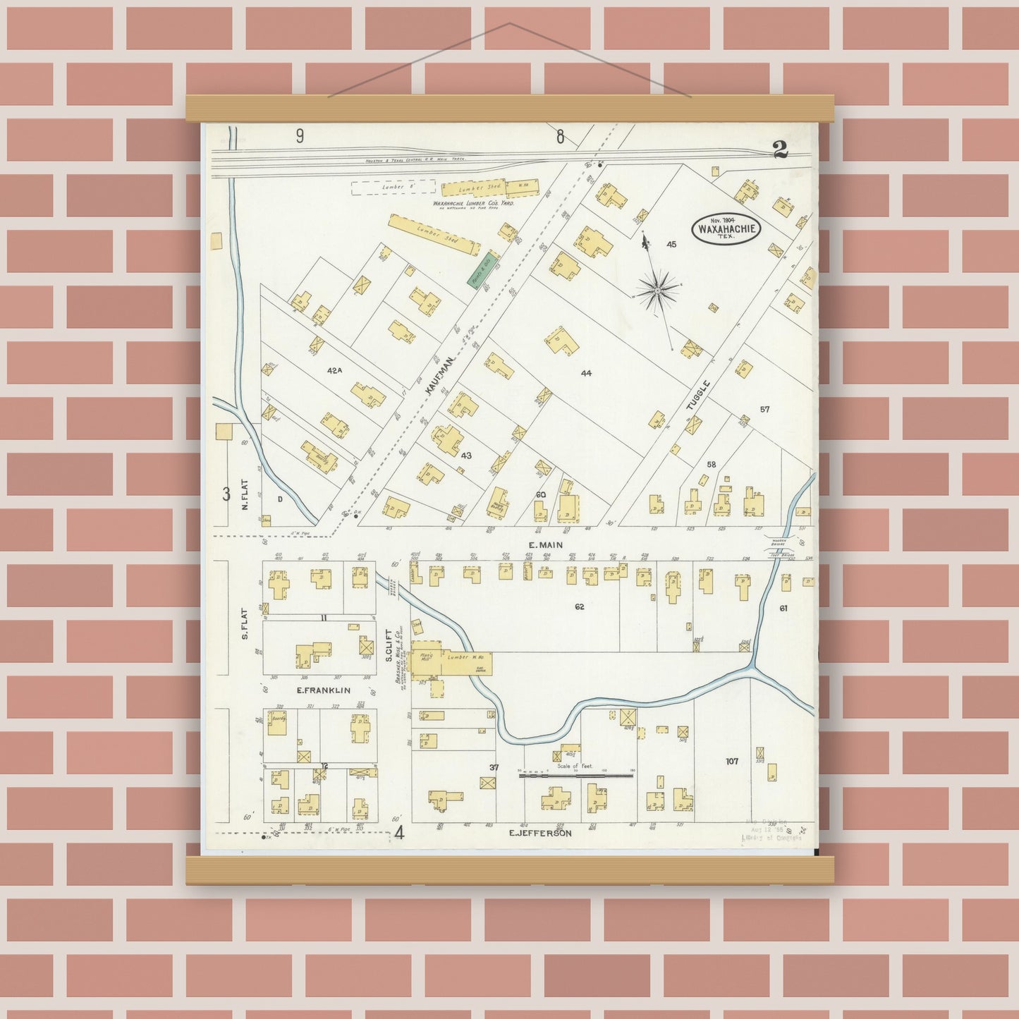 Old map wall art mockup — magnetic wood frame on brick wall — Sanborn Fire Insurance Map from Waxahachie, Ellis County, Texas (1904), Sheet #0002