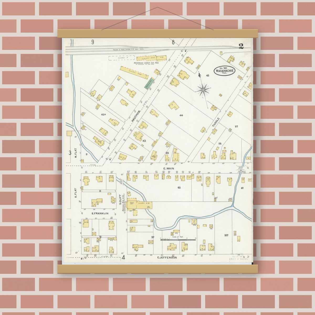 Old map wall art mockup — magnetic wood frame on brick wall — Sanborn Fire Insurance Map from Waxahachie, Ellis County, Texas (1904), Sheet #0002