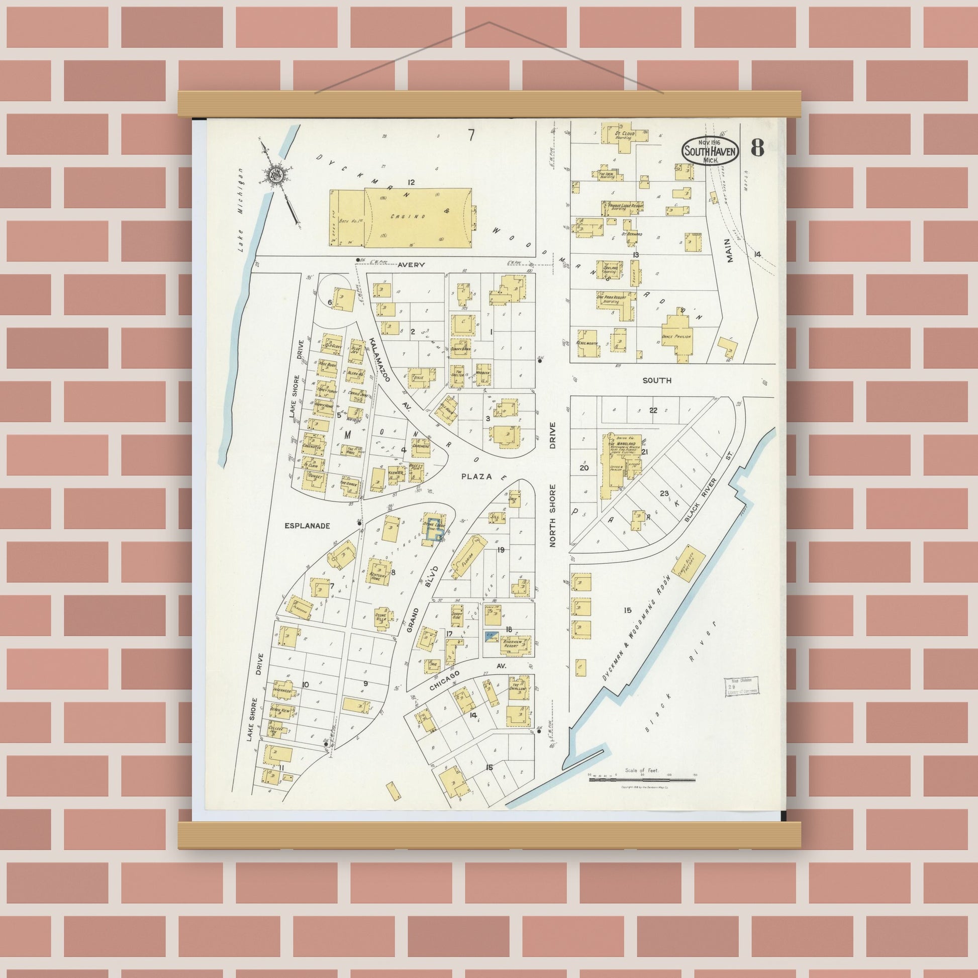 Old map wall art mockup — magnetic wood frame on brick wall — Sanborn Fire Insurance Map from South Haven, Van Buren County, Michigan (1916), Sheet #0008