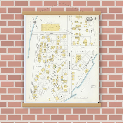 Old map wall art mockup — magnetic wood frame on brick wall — Sanborn Fire Insurance Map from South Haven, Van Buren County, Michigan (1916), Sheet #0008
