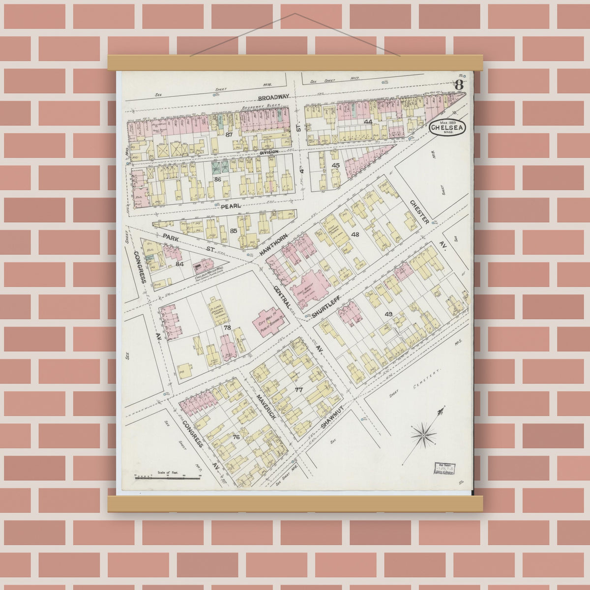 Old map wall art mockup — magnetic wood frame on brick wall — Sanborn Fire Insurance Map from Chelsea, Suffolk County, Massachusetts (1889), Sheet #0008