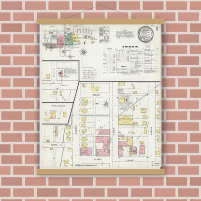 Old map wall art mockup — magnetic wood frame on brick wall — Sanborn Fire Insurance Map from Greenfield, Hancock County, Indiana (1895) - Complete Map Set