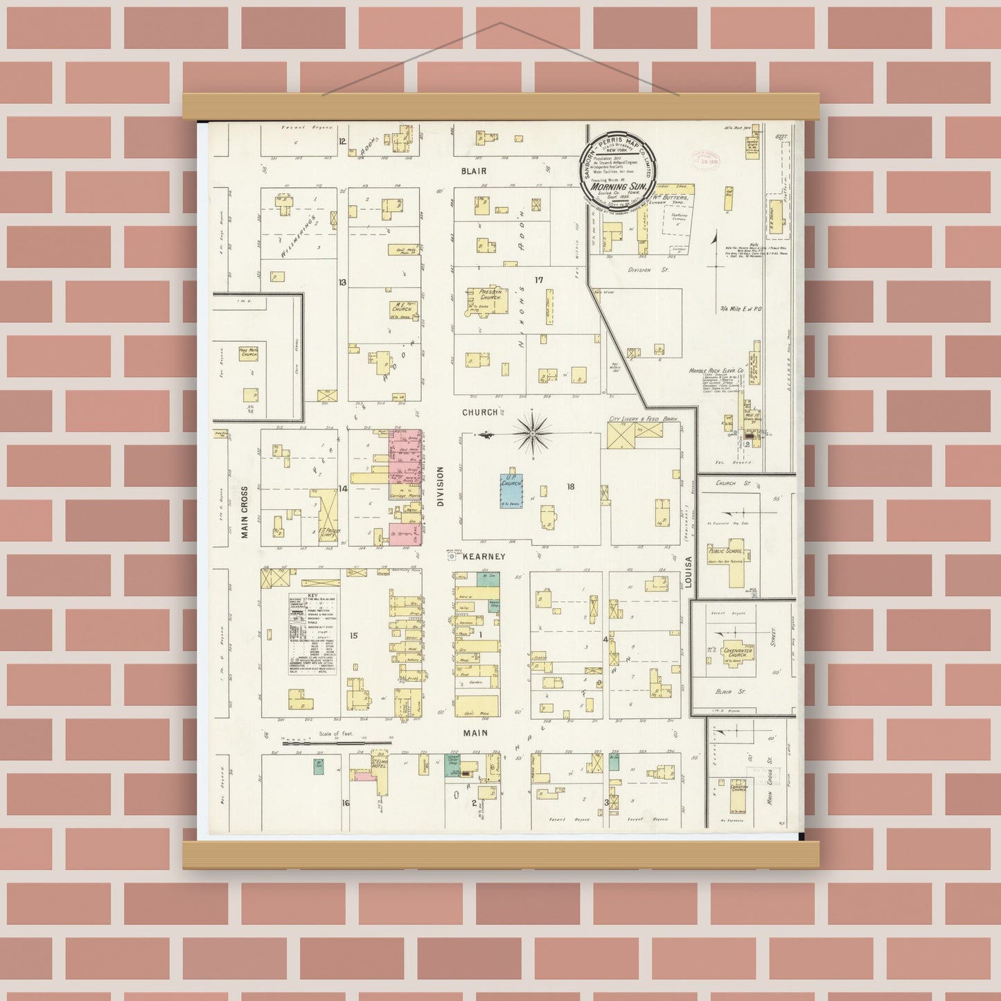 Old map wall art mockup — magnetic wood frame on brick wall — Sanborn Fire Insurance Map from Morning Sun, Louisa County, Iowa (1895), Sheet #0001