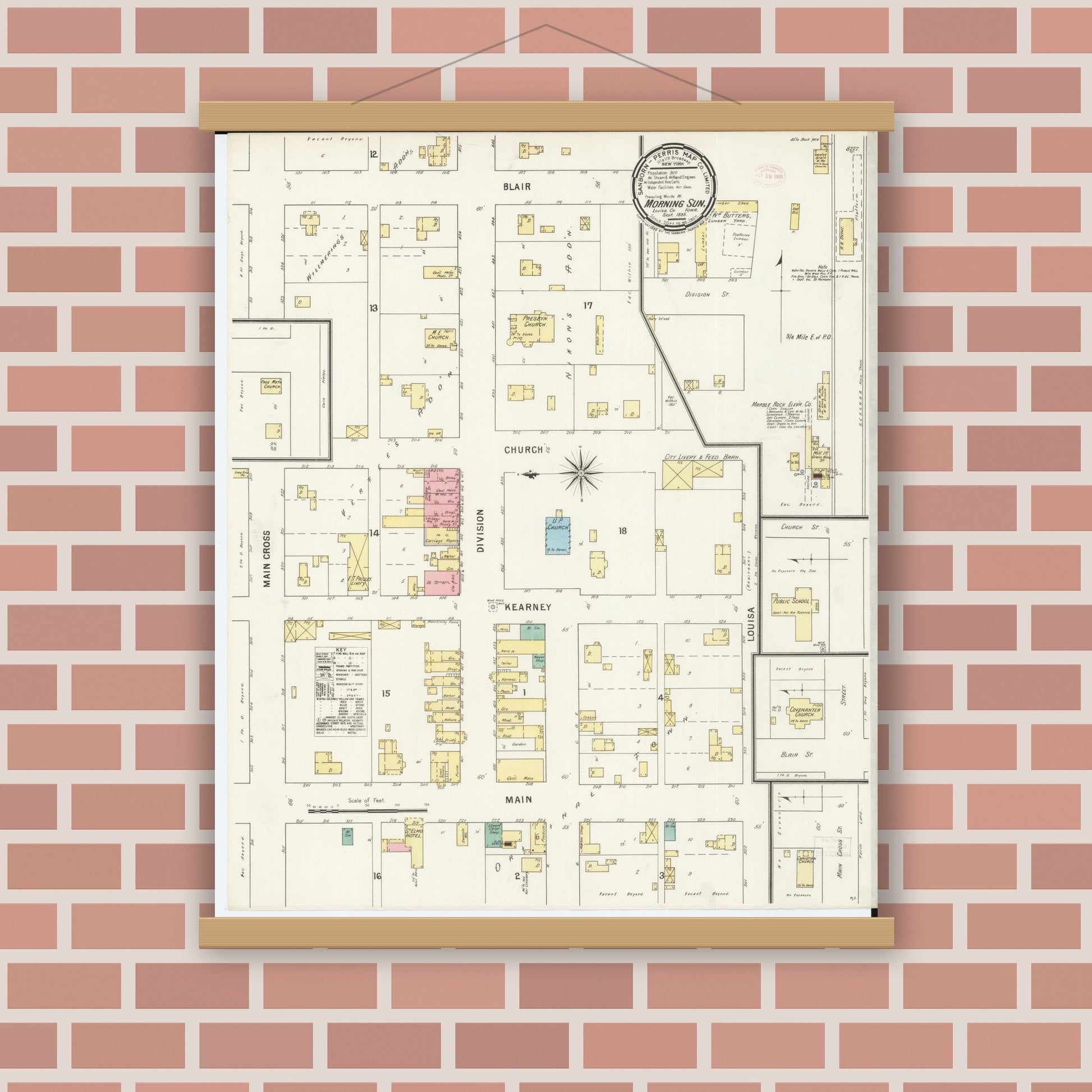 Old map wall art mockup — magnetic wood frame on brick wall — Sanborn Fire Insurance Map from Morning Sun, Louisa County, Iowa (1895), Sheet #0001