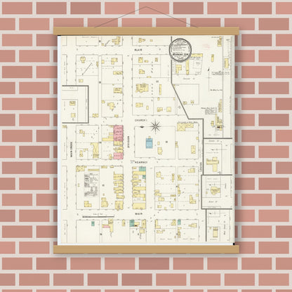 Old map wall art mockup — magnetic wood frame on brick wall — Sanborn Fire Insurance Map from Morning Sun, Louisa County, Iowa (1895), Sheet #0001