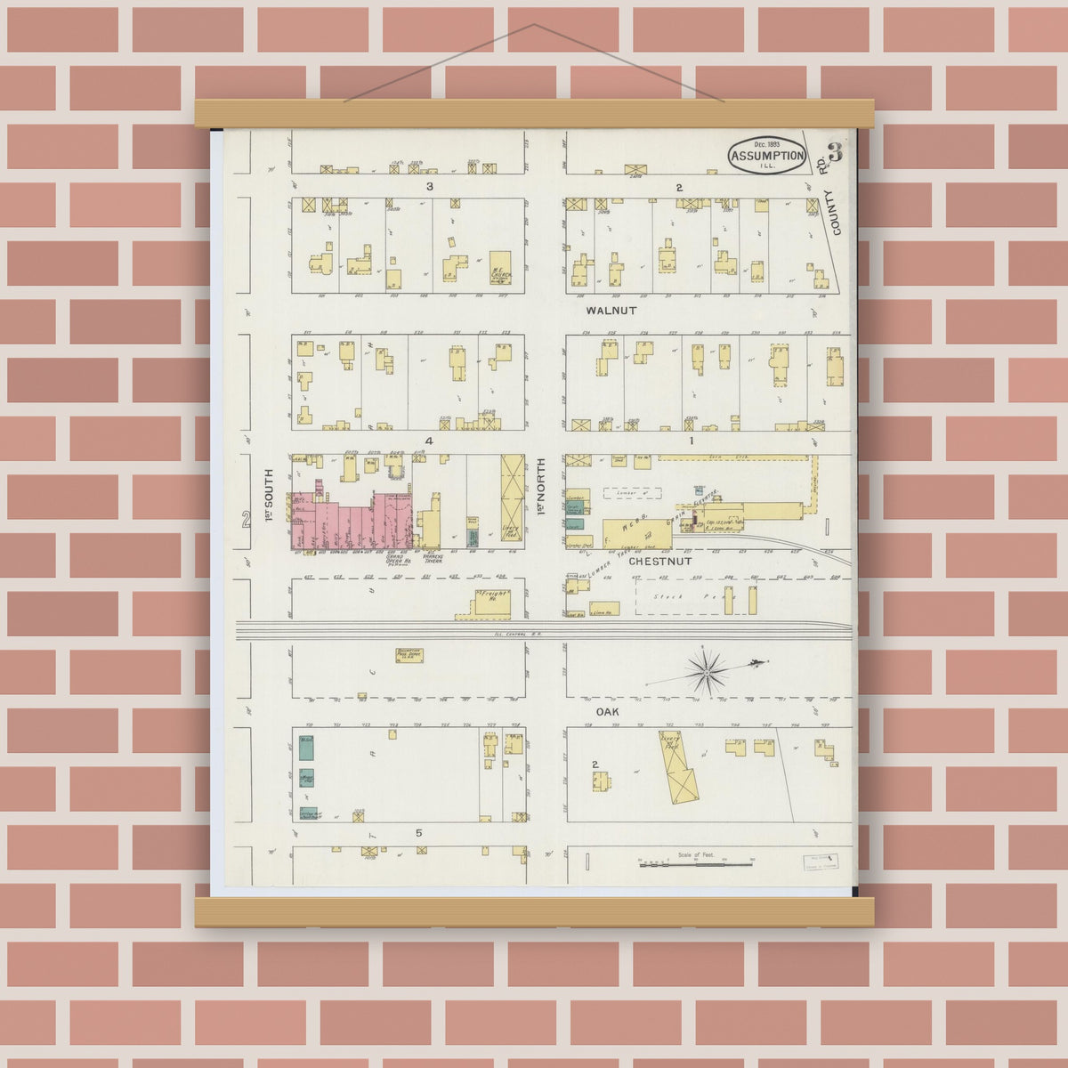 Old map wall art mockup — magnetic wood frame on brick wall — Sanborn Fire Insurance Map from Assumption, Christian County, Illinois (1893), Sheet #0003