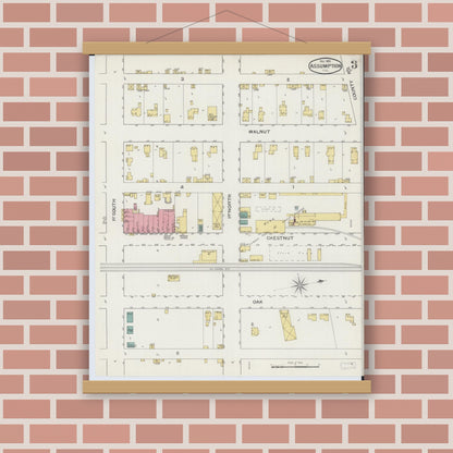 Old map wall art mockup — magnetic wood frame on brick wall — Sanborn Fire Insurance Map from Assumption, Christian County, Illinois (1893), Sheet #0003