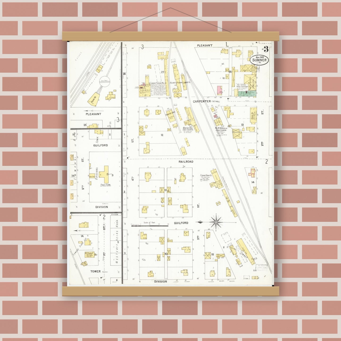 Old map wall art mockup — magnetic wood frame on brick wall — Sanborn Fire Insurance Map from Sumner, Bremer County, Iowa (1900), Sheet #0003