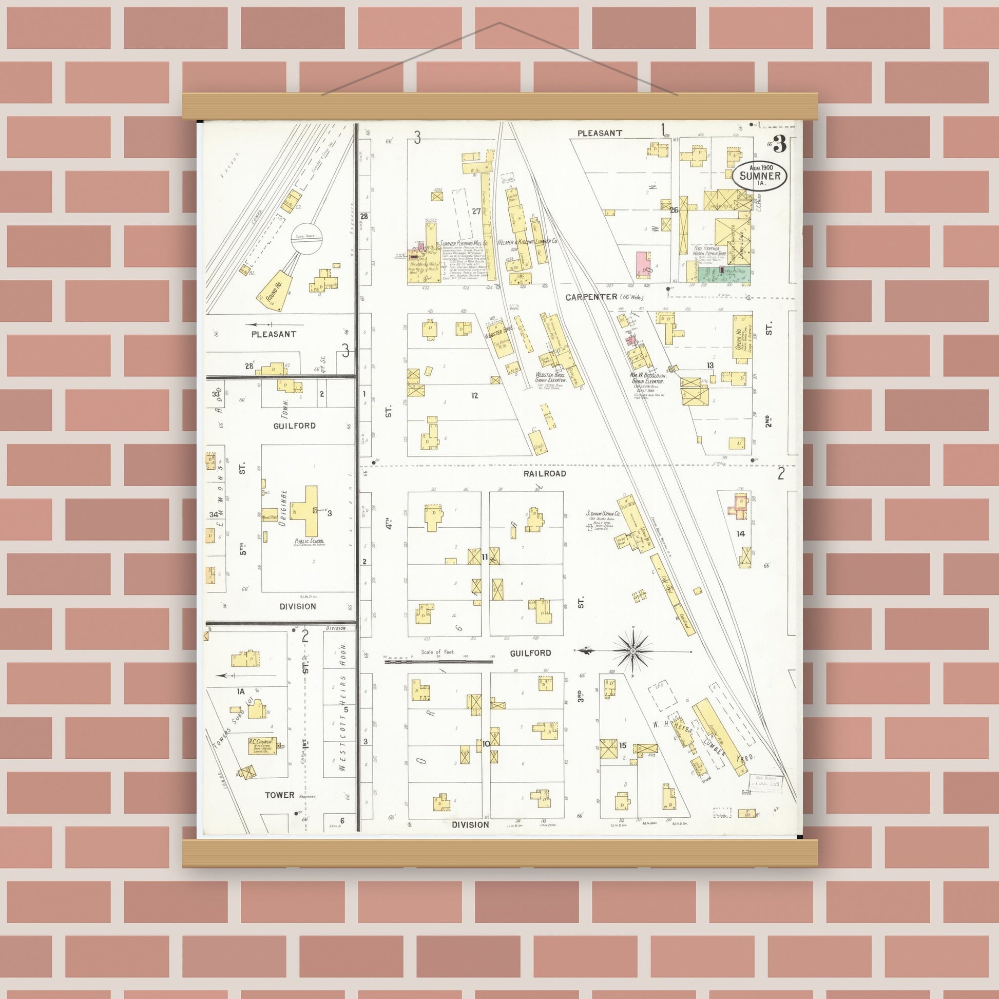 Old map wall art mockup — magnetic wood frame on brick wall — Sanborn Fire Insurance Map from Sumner, Bremer County, Iowa (1900), Sheet #0003