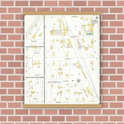 Old map wall art mockup — magnetic wood frame on brick wall — Sanborn Fire Insurance Map from Sumner, Bremer County, Iowa (1900), Sheet #0003
