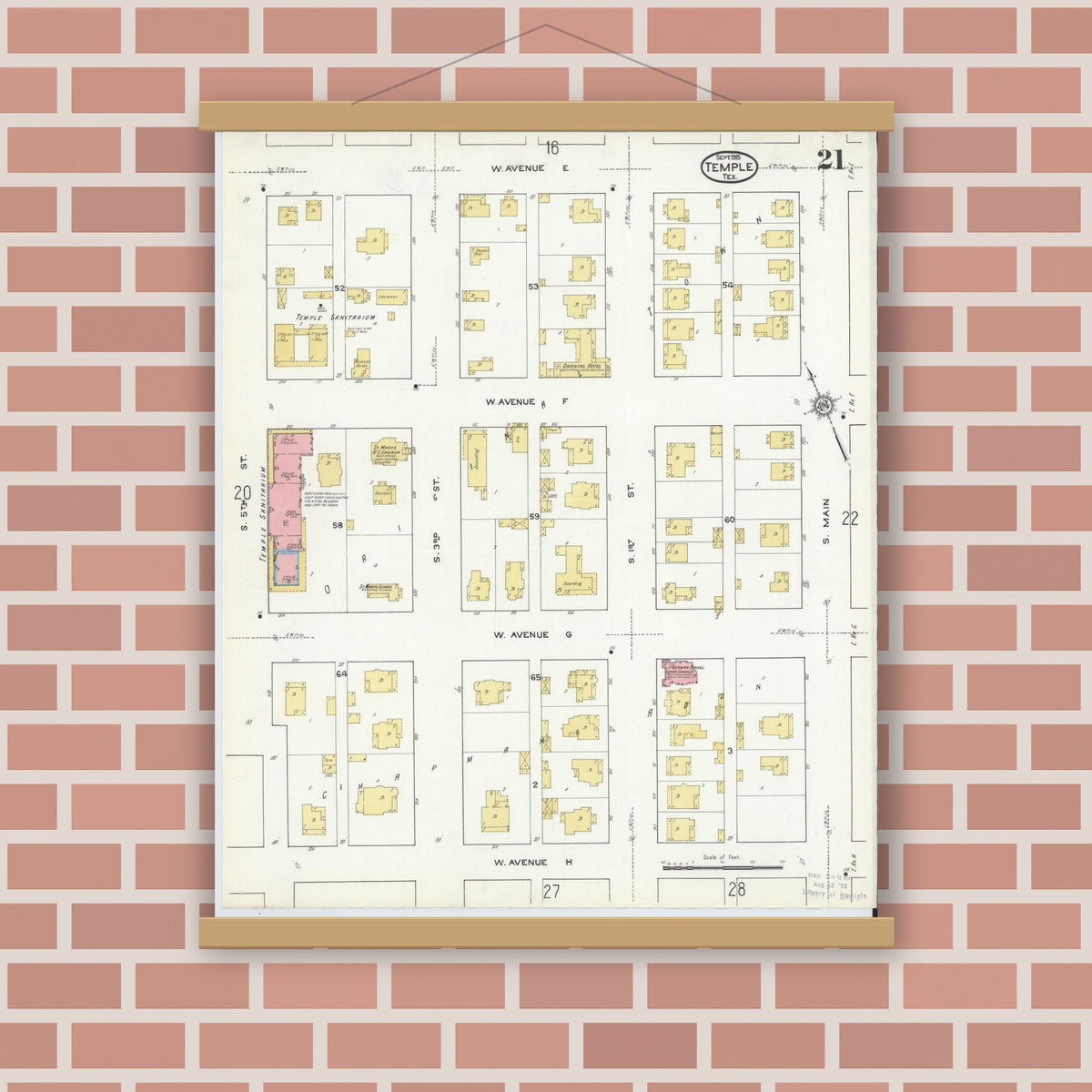 Old map wall art mockup — magnetic wood frame on brick wall — Sanborn Fire Insurance Map from Temple, Bell County, Texas (1915), Sheet #0021