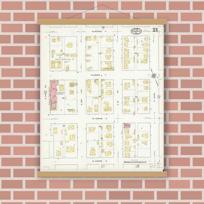 Old map wall art mockup — magnetic wood frame on brick wall — Sanborn Fire Insurance Map from Temple, Bell County, Texas (1915), Sheet #0021