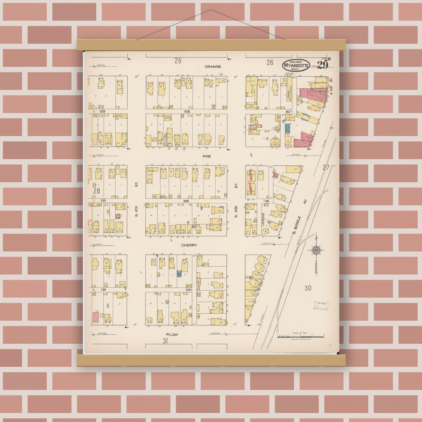 Old map wall art mockup — magnetic wood frame on brick wall — Sanborn Fire Insurance Map from Wyandotte, Wayne County, Michigan (1922), Sheet #0029