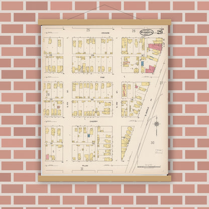 Old map wall art mockup — magnetic wood frame on brick wall — Sanborn Fire Insurance Map from Wyandotte, Wayne County, Michigan (1922), Sheet #0029