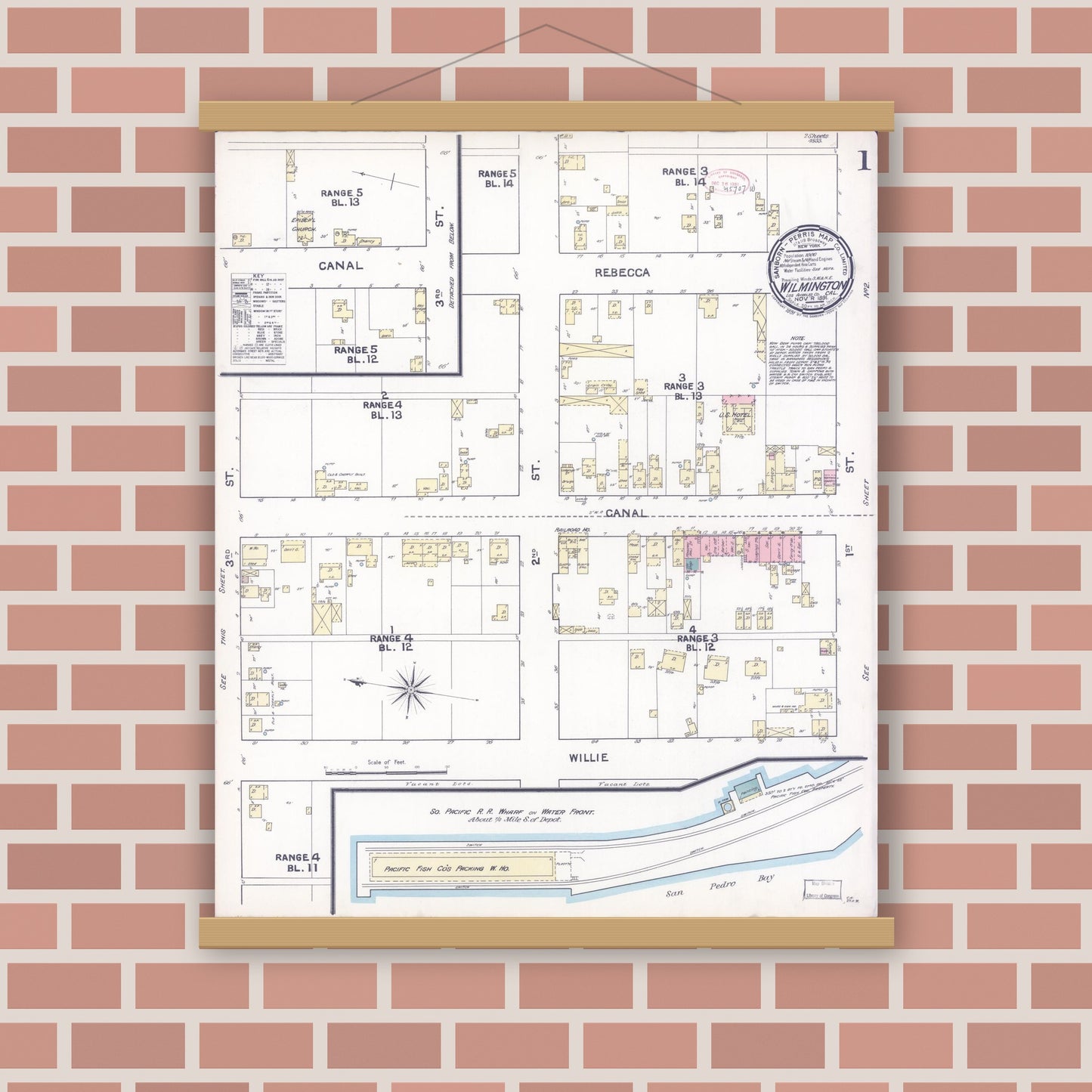 Old map wall art mockup — magnetic wood frame on brick wall — Sanborn Fire Insurance Map from Wilmington, Los Angeles County, California (1891) - Complete Map Set