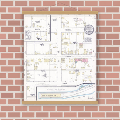 Old map wall art mockup — magnetic wood frame on brick wall — Sanborn Fire Insurance Map from Wilmington, Los Angeles County, California (1891) - Complete Map Set