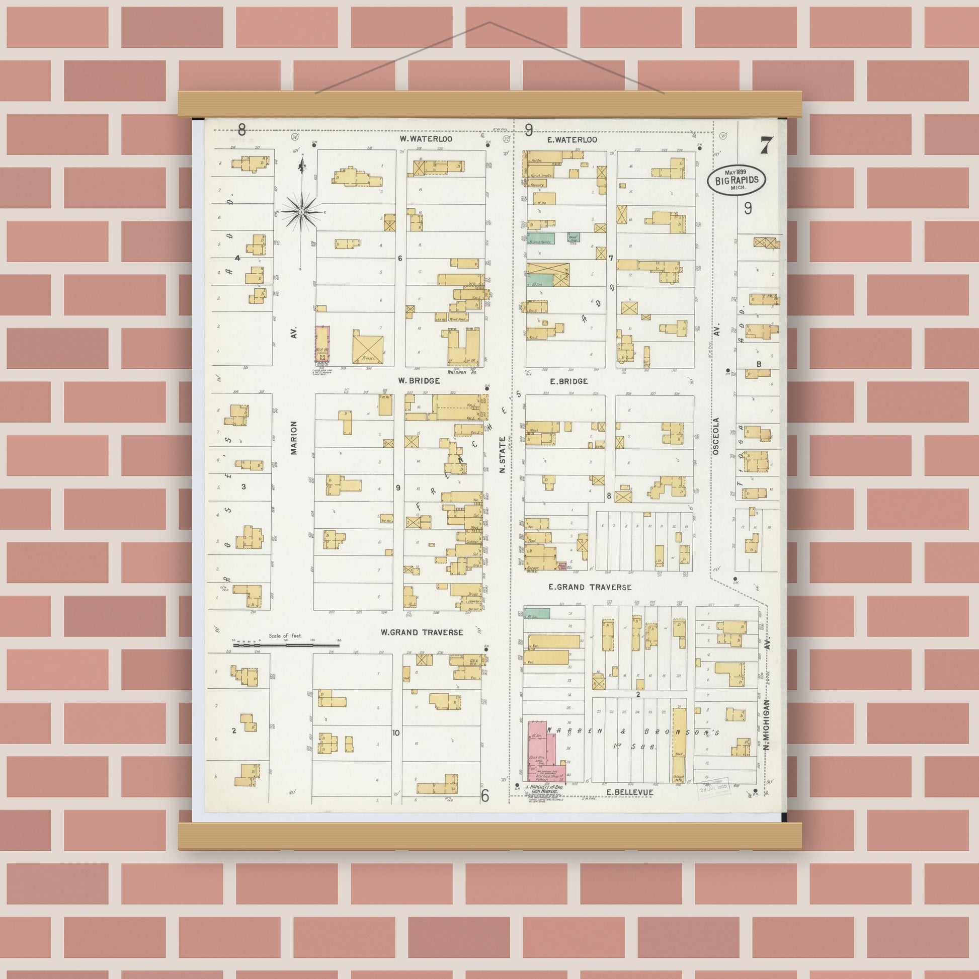 Old map wall art mockup — magnetic wood frame on brick wall — Sanborn Fire Insurance Map from Big Rapids, Mecosta County, Michigan (1899), Sheet #0007