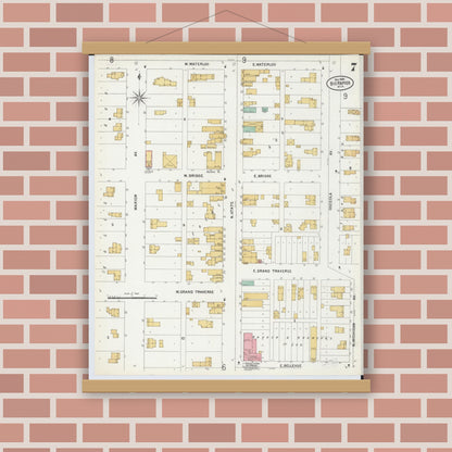 Old map wall art mockup — magnetic wood frame on brick wall — Sanborn Fire Insurance Map from Big Rapids, Mecosta County, Michigan (1899), Sheet #0007