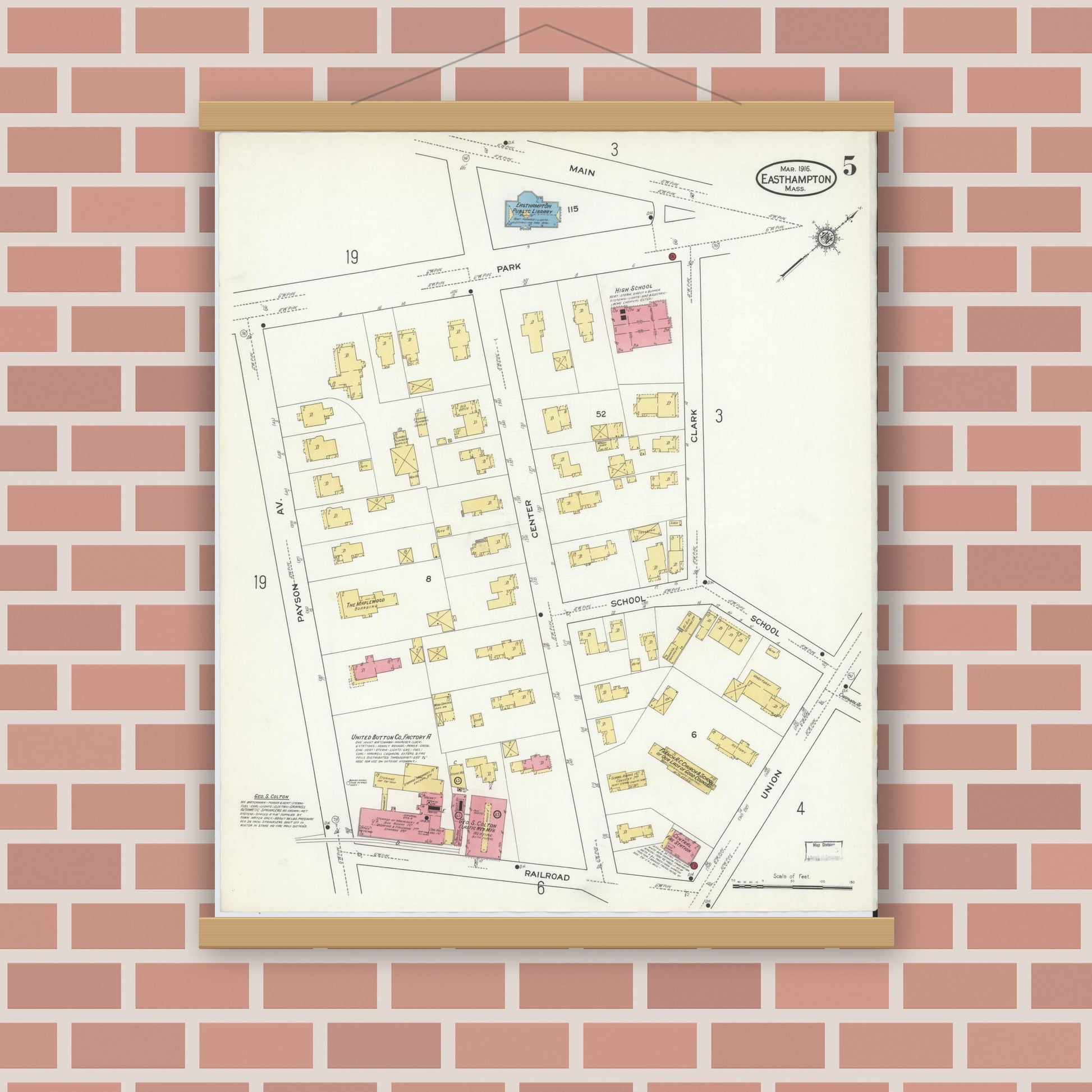 Old map wall art mockup — magnetic wood frame on brick wall — Sanborn Fire Insurance Map from East Hampton, Hampshire County, Massachusetts (1916), Sheet #0005
