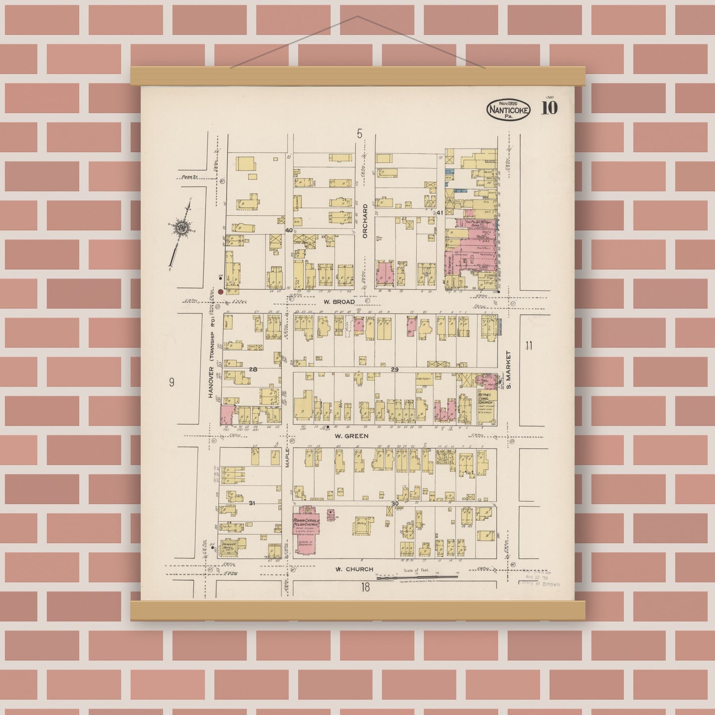 Old map wall art mockup — magnetic wood frame on brick wall — Sanborn Fire Insurance Map from Nanticoke, Luzerne County, Pennsylvania (1920), Sheet #0010