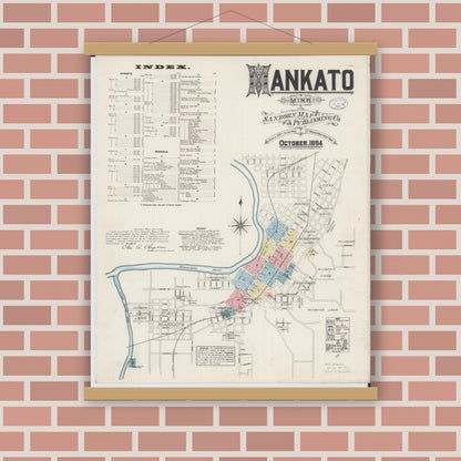 Old map wall art mockup — magnetic wood frame on brick wall — Sanborn Fire Insurance Map from Mankato, Blue Earth County, Minnesota (1884) - Complete Map Set