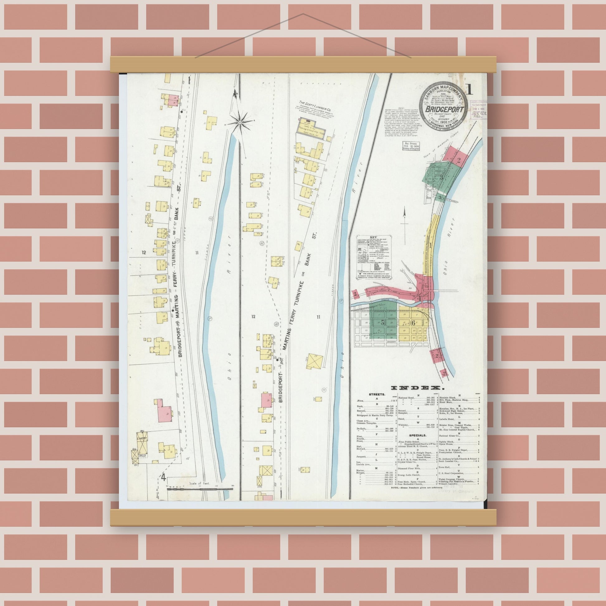 Old map wall art mockup — magnetic wood frame on brick wall — Sanborn Fire Insurance Map from Bridgeport, Belmont County, Ohio (1903) - Complete Map Set