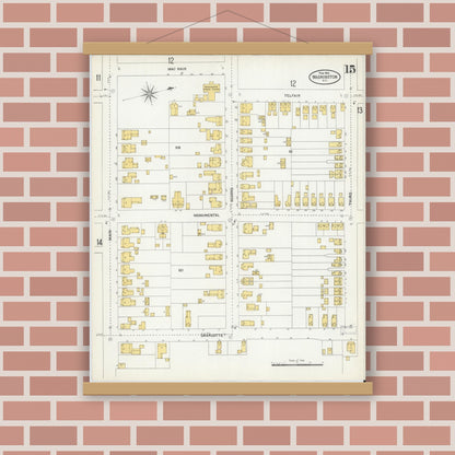 Old map wall art mockup — magnetic wood frame on brick wall — Sanborn Fire Insurance Map from Washington, Beaufort County, North Carolina (1904), Sheet #0015