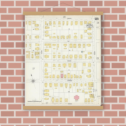 Old map wall art mockup — magnetic wood frame on brick wall — Sanborn Fire Insurance Map from Waltham, Middlesex County, Massachusetts (1903), Sheet #0028